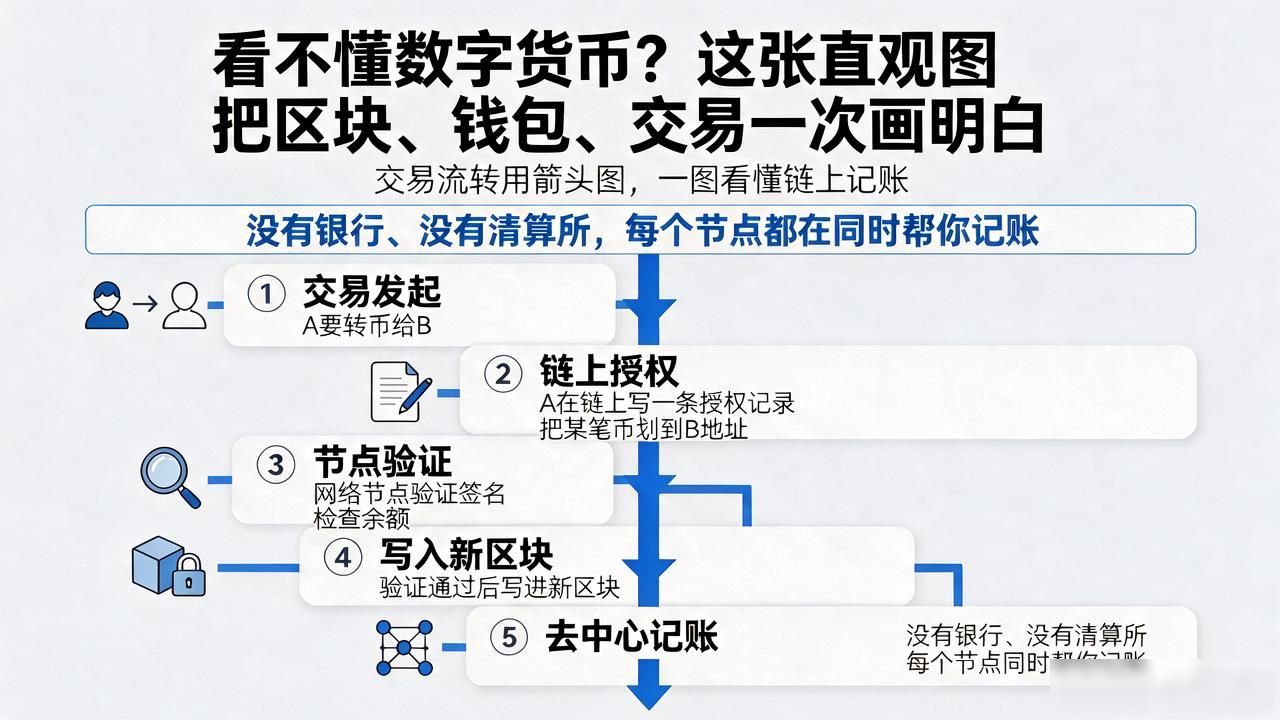 看不懂数字货币？这张直观图把区块、钱包、交易一次画明白
